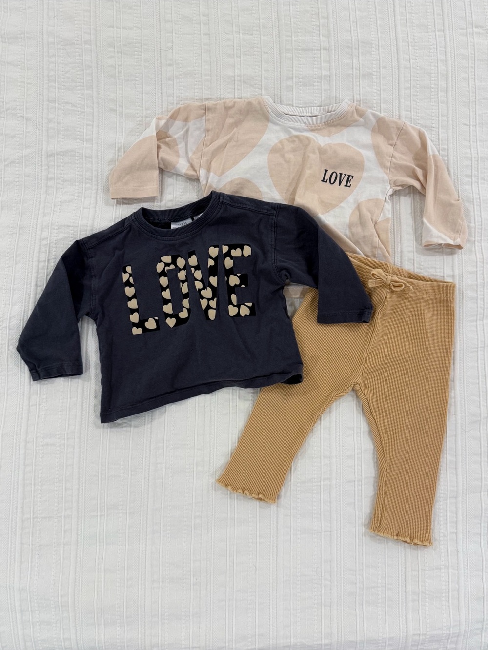 Zara Baby Girl 3-Piece Heart ‘LOVE’ Tops and Ribbed Knit Pant Bundle 9–12M